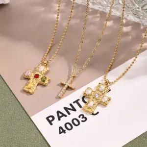 Wholesale Jewelry Casual Vacation Cross 304 Stainless Steel Rhinestones 18K Gold Plated Handmade Polishing Plating Ball Chain Cable Chain Necklace