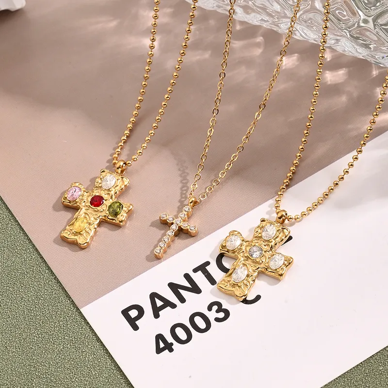 Wholesale Jewelry Casual Vacation Cross 304 Stainless Steel Rhinestones 18K Gold Plated Handmade lishing Plating Ball Chain Cable Chain Necklace