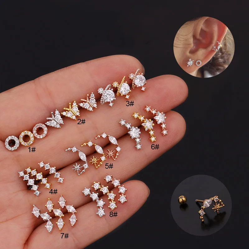 Wholesale 316L Stainless Steel Copper Zircon Ear Cartilage Rings & Studs Flower Waterproof Non Tarnish Surgical Steel Women'S