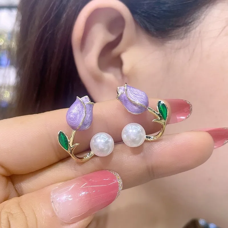 Wholesale 1 Pair Sweet Flower Enamel Plating Inlay Alloy Artificial Pearls Glass Earrings