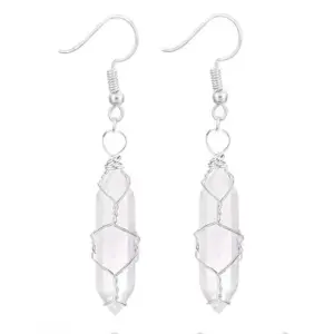 Silver White Crystal Earrings / Wire-Wound Hexagon Prism Earrings