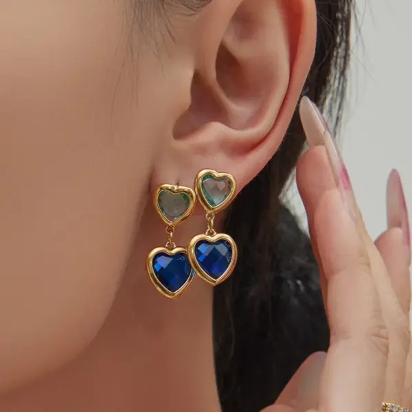 Wholesale 304 Stainless Steel Heart Glass Stone Zircon Earrings Heart Multicolor Vacuum Plating Chain Necklace Bracelet