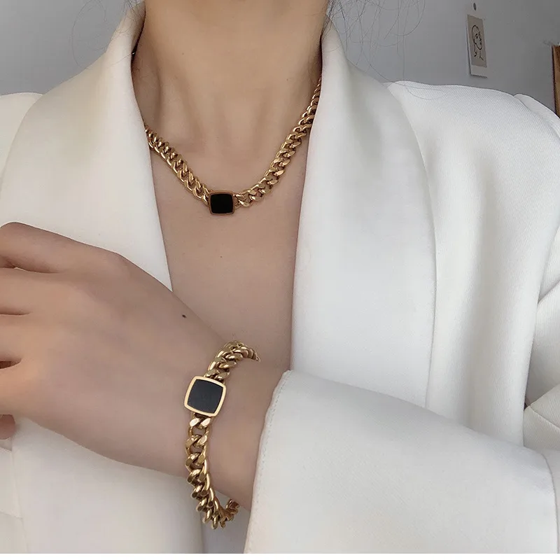 Wholesale Fashion Square Titanium Steel Inlay Artificial Gemstones Rings Bracelets Necklace