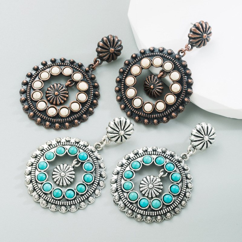 Wholesale white turquoise earrings hollow round pendant exaerated party earrings