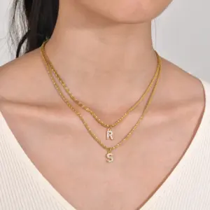 Wholesale Jewelry Fashion Letter 201 Stainless Steel Artificial Diamond Gold Plated Plating Inlay Stainless Steel Necklaces