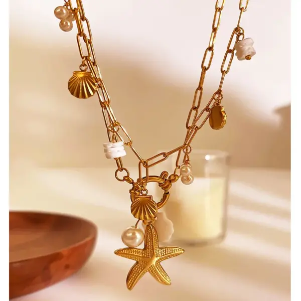 Wholesale 304 Stainless Steel Starfish Shell PVD Coated Imitation Pearl Natural Stone Natural Shell Real Gold Plated Nordic Style Beach Commute Waterproof Non Tarnish Irregular Surgical Steel Paperclip Chain Lobster Trigger Clasp Closure Gold Pendant Necklace