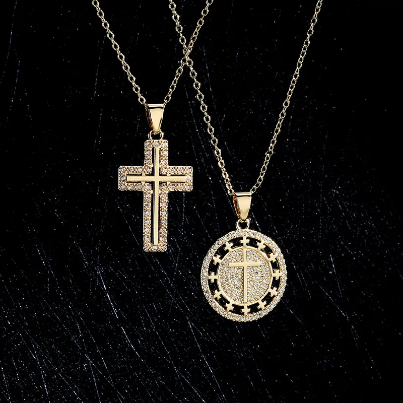 Wholesale Religious Jewelry Copper-plated 18k Gold Zircon Cross Pendant Necklace