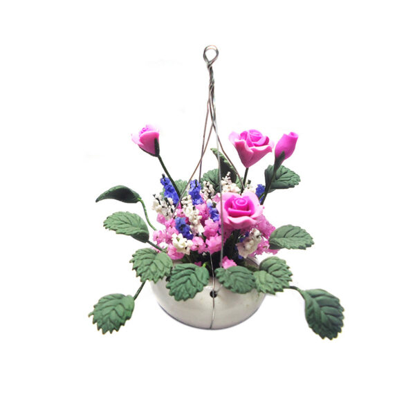 Wholesale 1:12 dollhouse accessories dollhouse mini clay flower plant pot pink rose hanging pot flower arrangement model