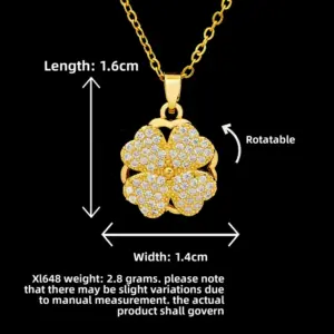 XL648 Rotating Full Zircon Four-Leaf Clover Necklace / Gold