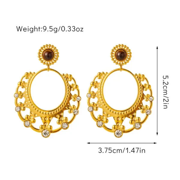 Wholesale 1 Pair Retro Bohemian Round Oval Titanium Steel Natural Stone Drop Earrings