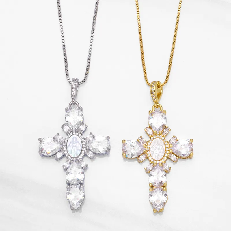 Wholesale Retro Religious Virgin Mary Cross Pendant For Men And Women Exaerated Copper Necklace