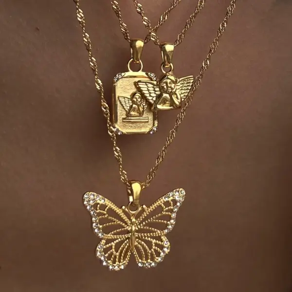 British Style Square Butterfly Titanium Steel Plating Inlay Artificial Gemstones 18k Gold Plated Pendant Necklace