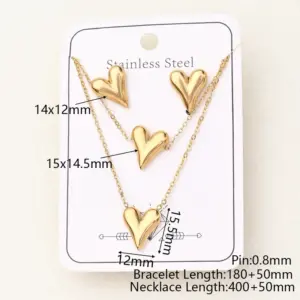 Three-Dimensional Glossy Peach Heart Necklace & Bracelet & Earrings Suit (Gold) / Length:180+50mm & 400+50mm / 1 Set/Package