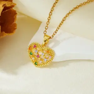 Gold Heart-shaped Colorful Hollow Out Diamond Necklace T021