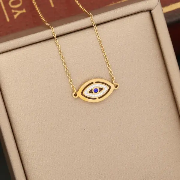 Wholesale 1 Piece Fashion Devil's Eye Stainless Steel Enamel Hollow Out Inlay Zircon Pendant Necklace
