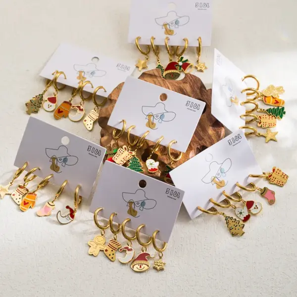 Wholesale 1 Set Christmas Sweet Christmas Tree Santa Claus Snowman Enamel Hollow Out 304 Stainless Steel Drop Earrings