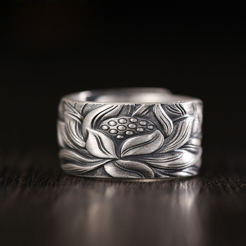 Wholesale Old siersmith 999 Thai sier Lotus self-discipline retro Heart Sutra ring men's and women's fashion National style living mouth food finger r