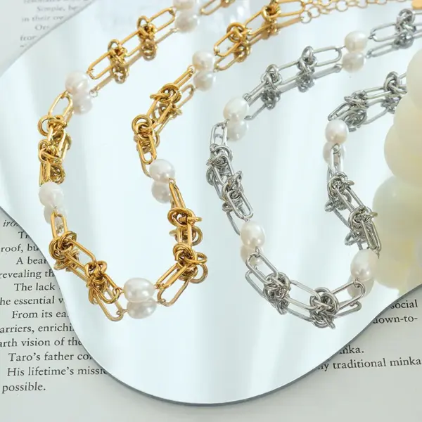 Wholesale Women'S 304 Stainless Steel PVD Coated 18K Gold Plated Beaded Geometric Bracelets Necklace Imitation Pearl Jewelry
