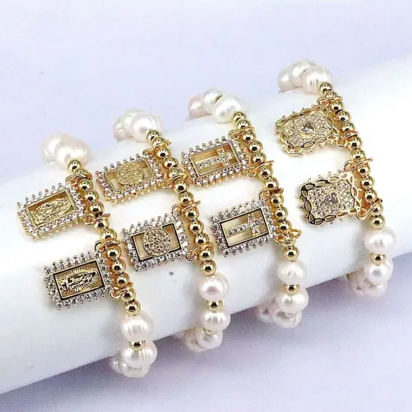 Wholesale Fashion Portrait Faith Cross Copper Gold Plated Zircon Bracelets In Bulk