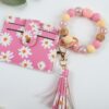 Wholesale Cute daisy print beaded bracelet keychain PU leather tassel card holder charm