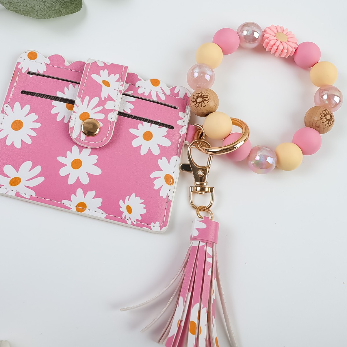 Wholesale Cute print beaded bracelet keychain PU leather tassel card holder charm