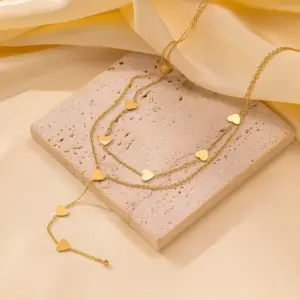 Qyh1079 Double Layers Loving Heart Tassel Necklace / Gold