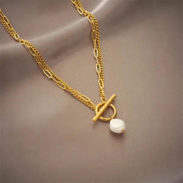 Wholesale Baroque Style Round Imitation Pearl Titanium Steel Necklace