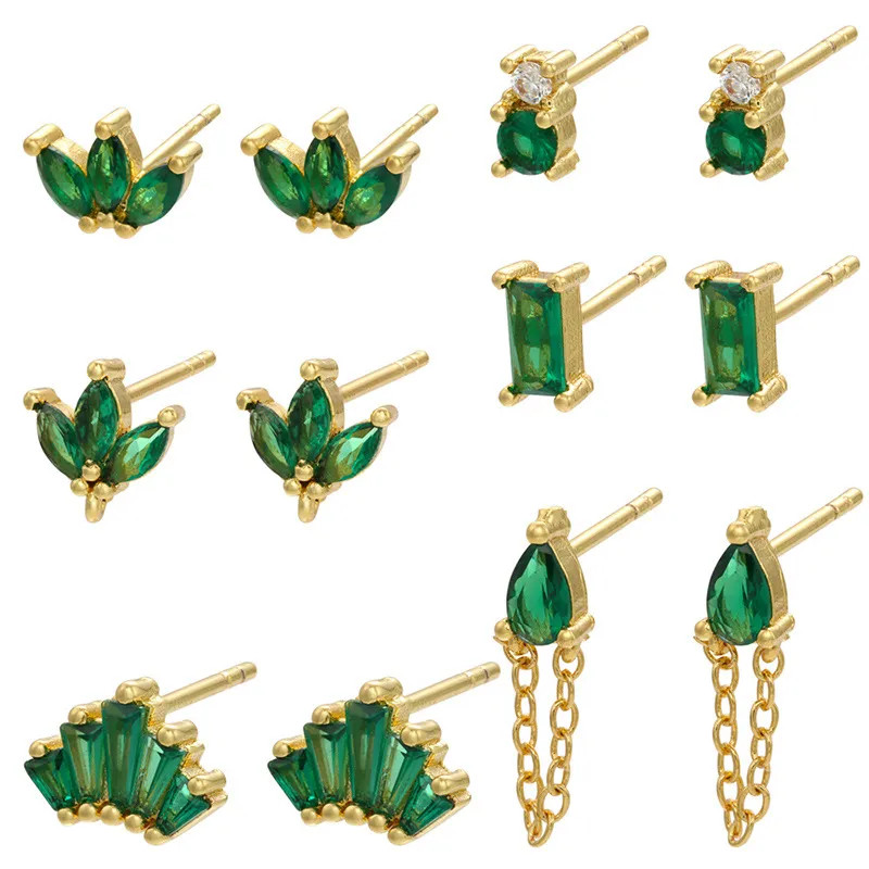 Wholesale Retro Geometric Green Gemstones Diamond Copper Earrings Wholesale Nihaojewelry