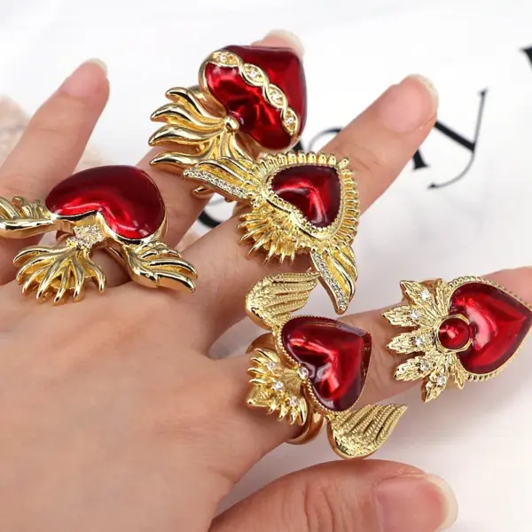 Wholesale Copper Inlay Heart Shape Wings Zircon Open Rings
