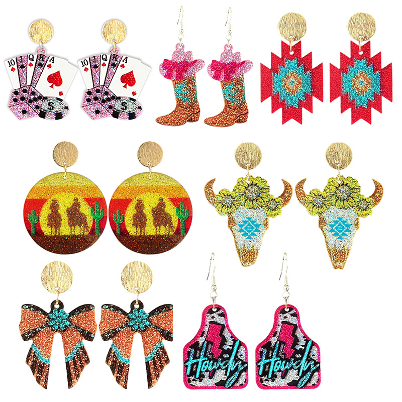 Wholesale Amazon Western Sparkling Earrings Denim Text Sunset Cow Head ker Sunset Boots Earrings