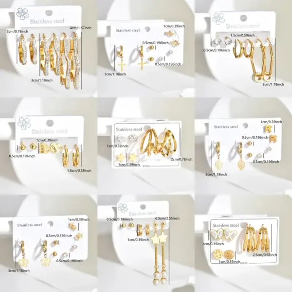 Three Pairs Fashion 304 Stainless Steel 18K Gold Plated Diamond Inlaid Asymmetric Star Circle Earrings Set For Women