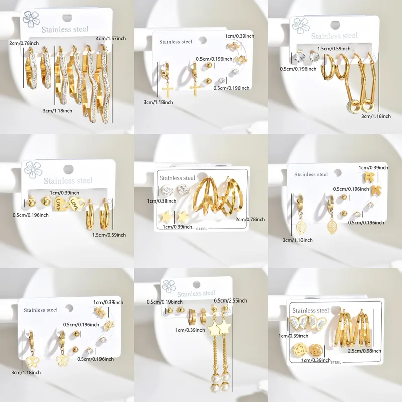 Wholesale Three Pairs Fashion 304 Stainless Steel 18K Gold Plated Diamond Inlaid Asymmetric Star Circle Earrings Set For Women
