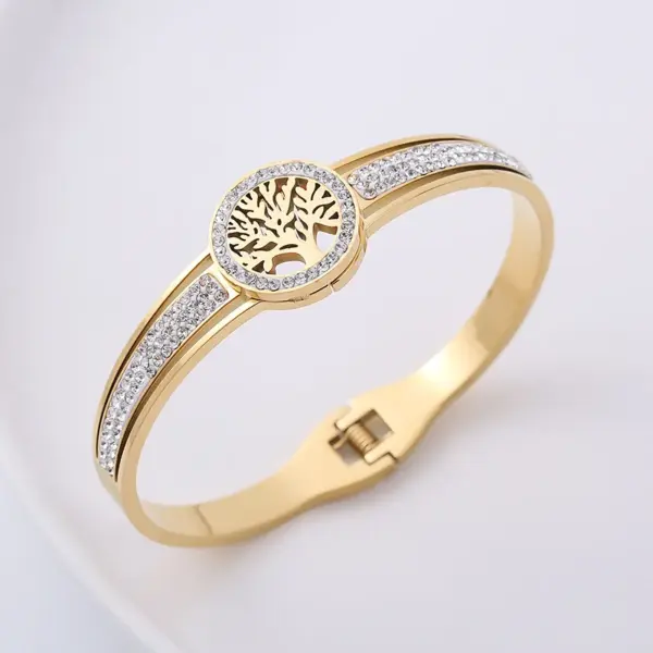 304 Stainless Steel Life Tree PVD Coated Artificial Rhinestones 18K Gold Plated Classic Style Rose Gold Gold Sier Bangle