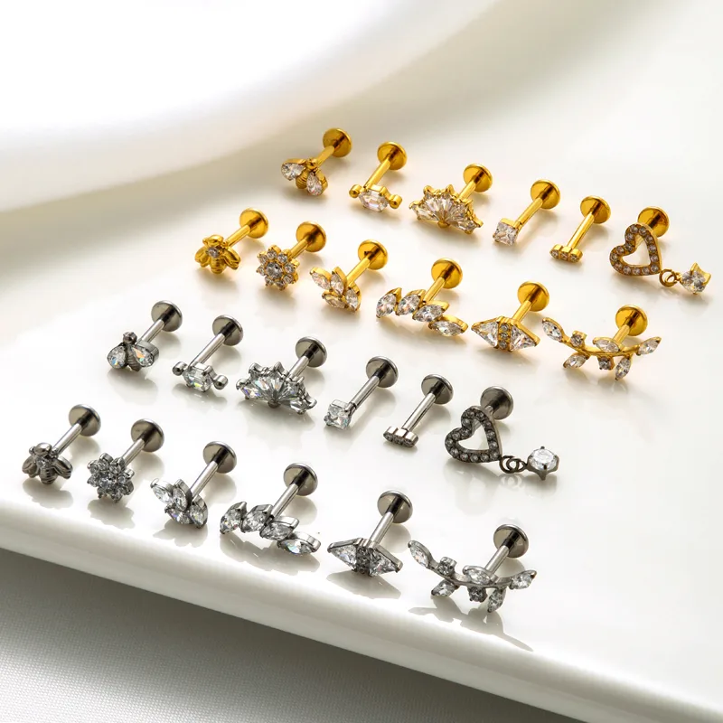 Wholesale 1 Piece Ear Cartilage Rings & Studs IG Style Vintage Style Leaves Heart Shape Bee Pure Titanium Plating Inlay Zircon