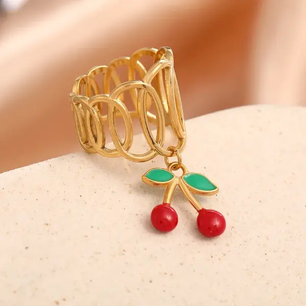 Wholesale Ion Plating (IP) 18K Gold Plated Cherry 304 Stainless Steel Elegant Cute Luxurious Waterproof Non Tarnish Open Rings