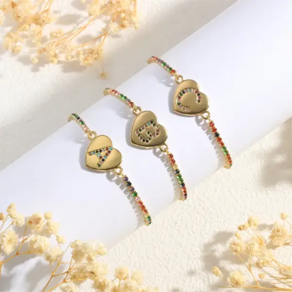 Wholesale Copper 18K Gold Plated Elegant Romantic Sweet Letter Heart Shape Inlay Zircon Bracelets
