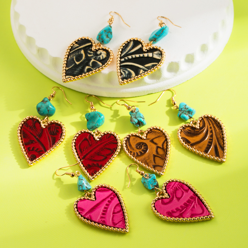 Wholesale Cross-border trend alloy leather printing inlaid turquoise earrings women's temperament high-end love earrings Amazon explosions