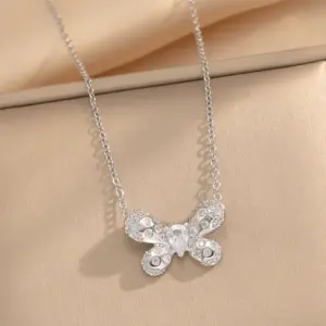436 Silver White Diamond Butterfly Necklace