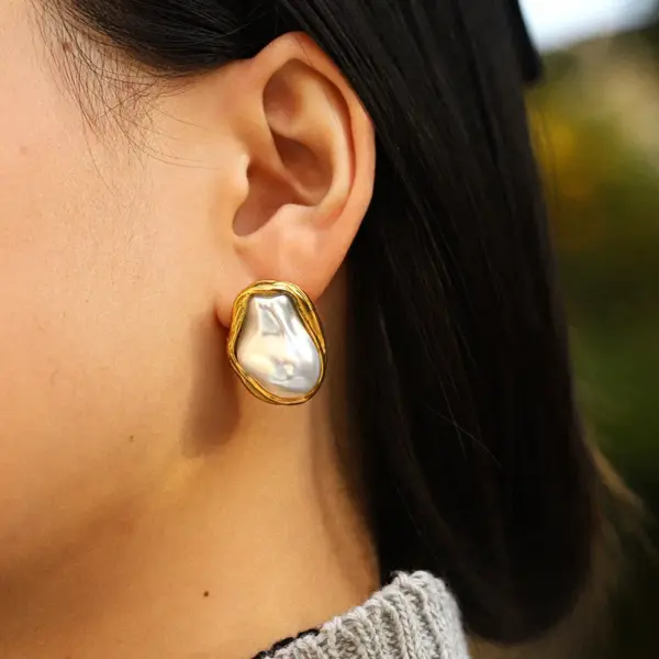 304 Stainless Steel Inlaid Natural Stone Irregular Shape Stud Earrings Plated 18K Real Gold Zircon Pearl Vintage Earrings