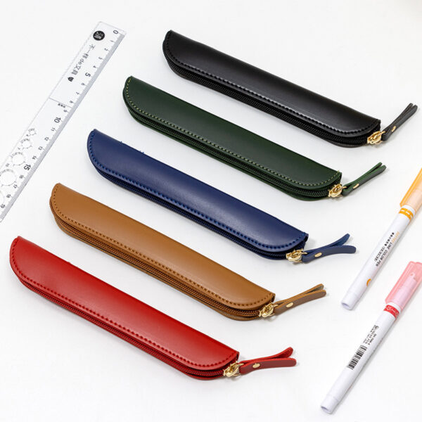 Wholesale Solid color leather pencil case leather zipper stationery bag
