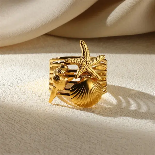 PVD Coated Real Gold Plated Geometric Starfish Shell 304 Stainless Steel Exaggerated Beach Simple Style Waterproof Non Tarnish Wide Band Rings Open