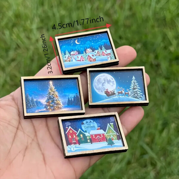 Wholesale 4-piece mini Christmas art wooden frame set | Santa Claus | Reindeer | Christmas Village | Miniature holiday scene toys