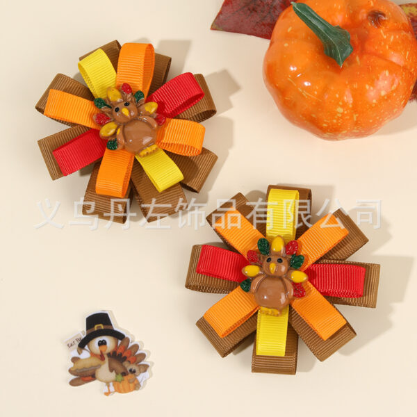 Wholesale Amazon Hot Sale Thanksgiving Children's Bow Hairpin Point Small Turkey Accessories Headwear Rowan Ribbon Hair Accessories