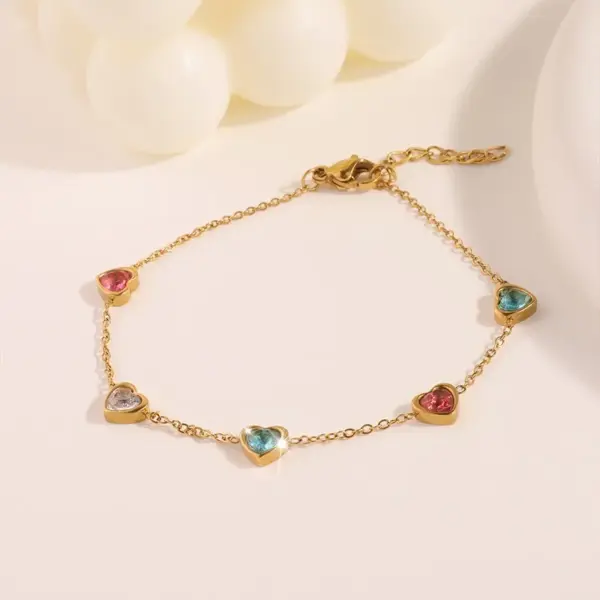 Wholesale 304 Stainless Steel Heart Shape PVD Coated Zircon Real Gold Plated 18K Gold Simple Style Classic Style Waterproof Non Tarnish O-shaped Chain Lobster Trigger Clasp Closure Bracelets