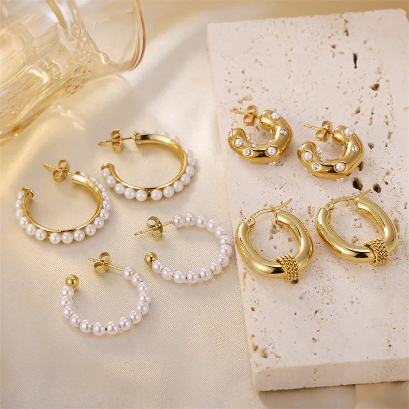 Wholesale 1 Pair Retro Roman Style Geometric Heart Shape Plating Inlay 304 Stainless Steel Pearl 18K Gold Plated Earrings