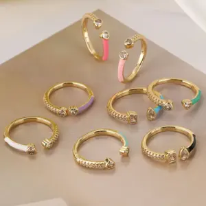 Wholesale Simple Style Square Water Droplets Heart Shape Copper Enamel Plating Inlay Zircon 18k Gold Plated Open Ring