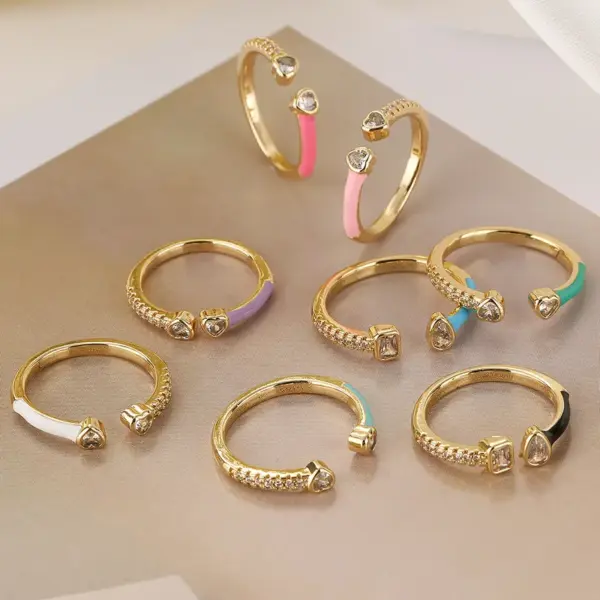Wholesale Simple Style Square Water Droplets Heart Shape Copper Enamel Plating Inlay Zircon 18k Gold Plated Open Ring