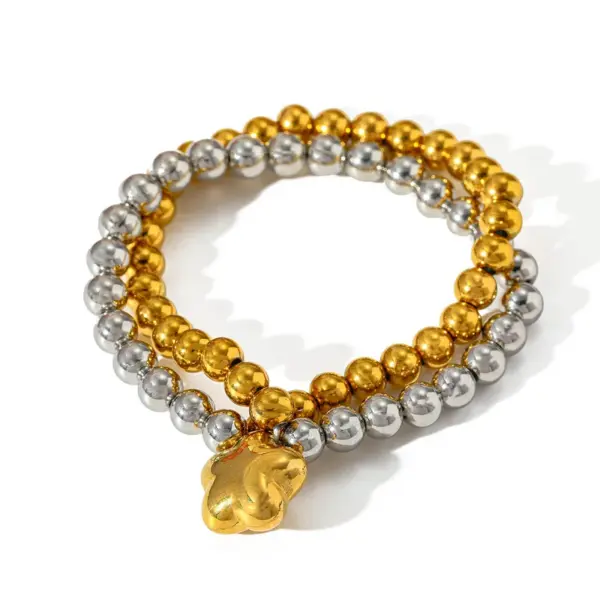 Wholesale Luxurious Double Layer Heart Shaped Pendant Beaded Bracelet 18K Gold Plated Stainless Steel Elastic Line For Women Casual Classic Style