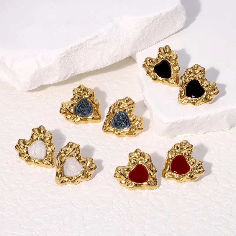 Wholesale 304 Stainless Steel Heart Shape PVD Coated Real Gold Plated 18K Gold French Style Sweet Waterproof Non Tarnish Ear Studs
