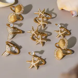 Wholesale Stainless Steel Open Ring Fish Tail Starfish Shell 5A Zirconia True Gold Plated Ocean Series Index Finger Jewelry Luxury Romantic
